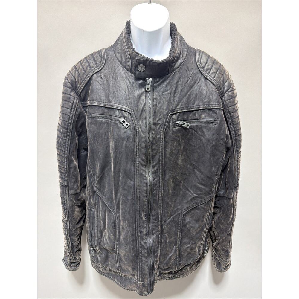 Vintage Y2K Buckle Black Athletic Fit Faux Leather Distressed Jacket Mens L
